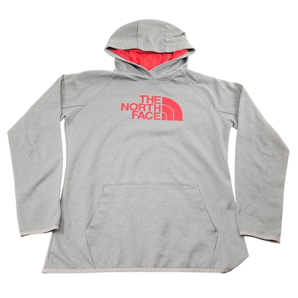 North Face Fleece Hoodie Womens Large Gray Red Logo Pullover Half Dome Gorpcore